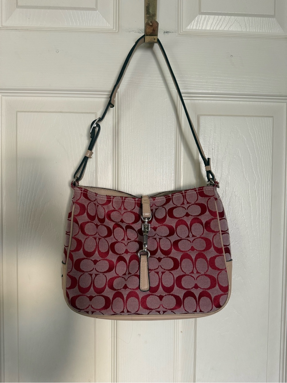 Coach Red and Cream Signature Jacquard Shoulder Bag